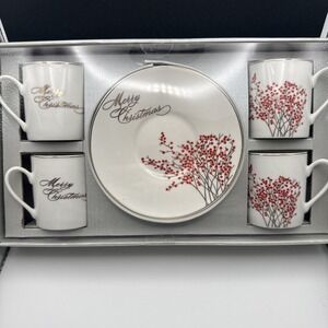 Nicole Miller Home Merry Christmas Tea Set White with Red Berries